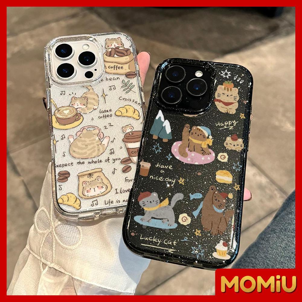 MOMiU - เคส TPU ใสแบบผงกลิตเตอร์แวววาว เข้ากันได้สำหรับ เคสไอโฟน11 เคส iphone 16 Pro Max แมวกาแฟน่ารัก