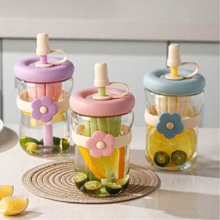 สไตล์ INS หลอดดูด แก้ว 500ML สไตล์มินิมอล แก้วน้ำลายดอกไม้ พ…