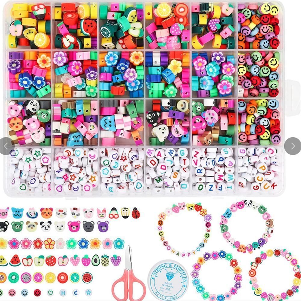 เด็กอุปกรณ์เสริม สร้อยข้อมือและสร้อยคอยาว DIY จากเครื่องปั้นดินเผานุ่ม พร้อมลายยิ้มและแบบทำเป็นผลไม้