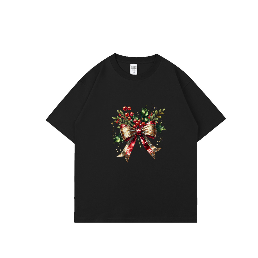 เสื้อสตรีล่าสุด: เสื้อยืดริบบิ้นริบบิ้นลายคริสต์มาสสีทองและฮอลลี่ลีฟกลิตเตอร์หรูหราแฟชั่น