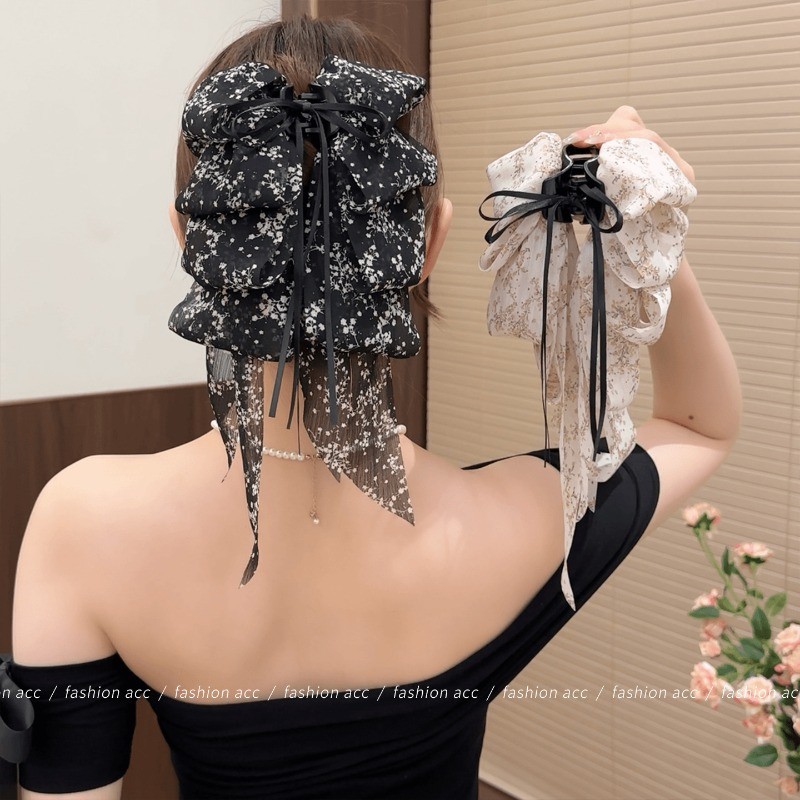 โบว์ริบบิ้นดอกไม้พร้อมคลิปสำหรับผูกผมด้านหลังและคาดศีรษะ สไตล์ไฮเอนด์