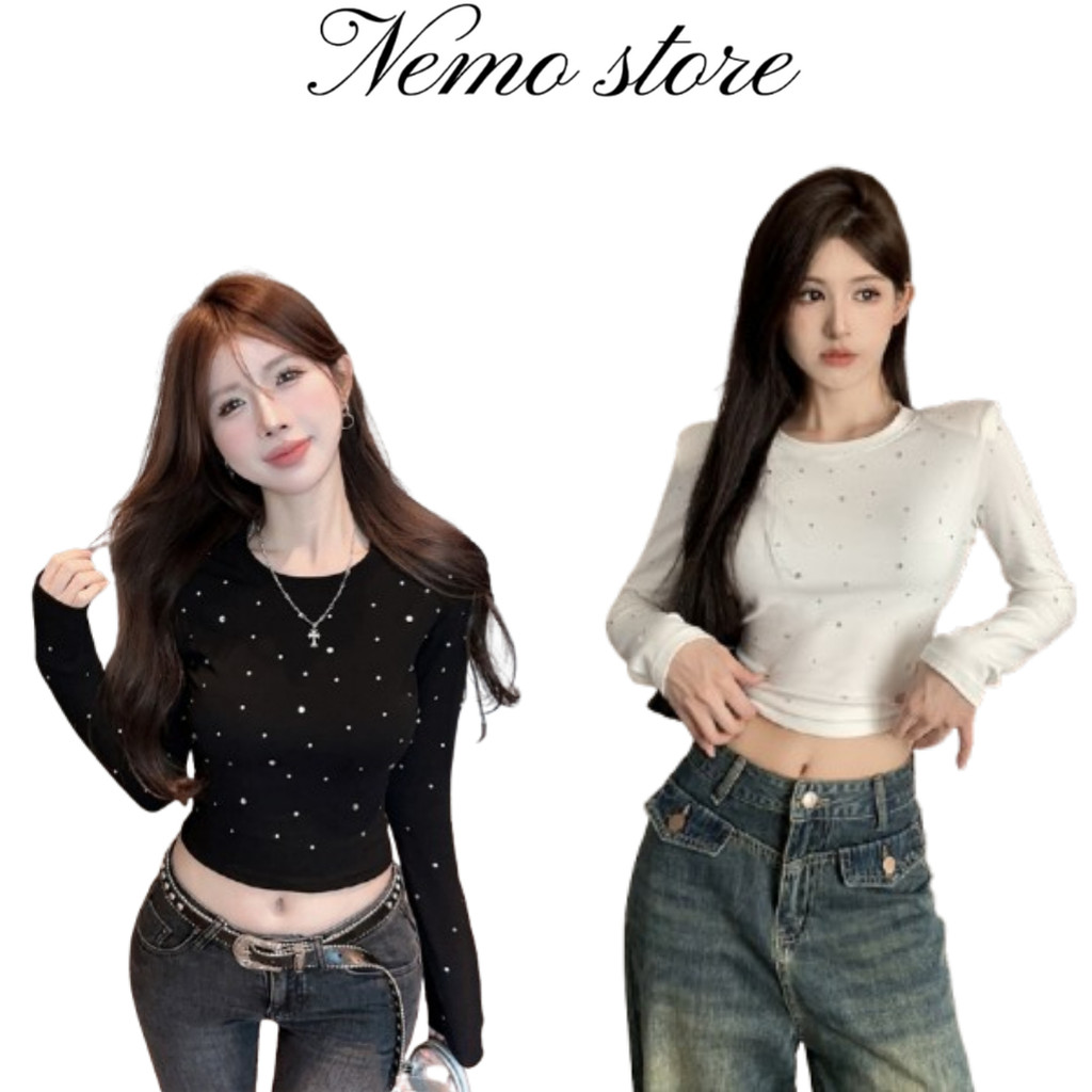 Nemo store🌸#FY5003 เสื้อครอปแขนสั้น แต่งเพชร สีพื้นขาวดำ ใส่ได้ทุกวัน