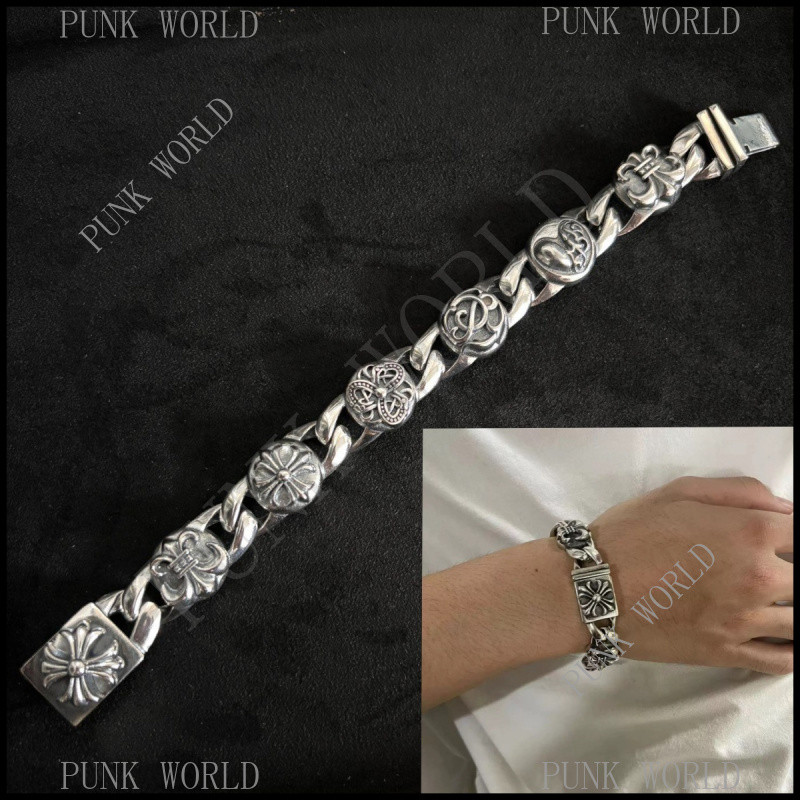 เงิน 925 Cross ดอกไม้ Multi-Element สร้อยข้อมือกว้าง, Retro Punk Rock อุปกรณ์เสริม, Street Hip-Hop เครื่องประดับ, หรูหราของขวัญ 7697