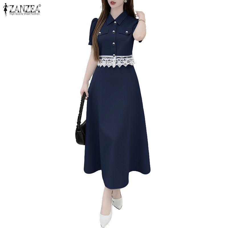 Zanzea ชุดเสื้อและกระโปรงสำหรับผู้หญิงสไตล์เกาหลี แขนสั้น คอปก พร้อมลายลูกไม้และยางยืด — صورة 4