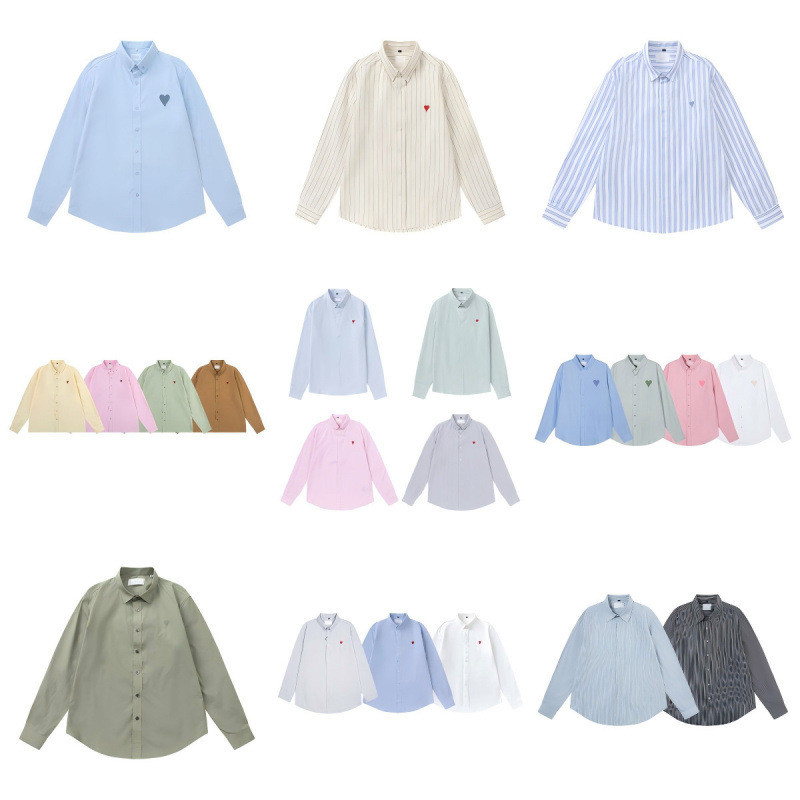 HS3V AM1 Little Heart Embroidered Shirt Casual Loose Fit Unisex Couple Matching Long Sleeve