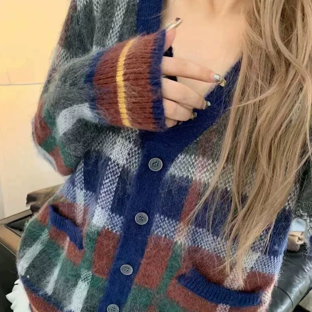 STVF TB# Puppy Plaid Wool Knitted Cardigan Thick Needle Design Christmas Style Early Autumn Winter U