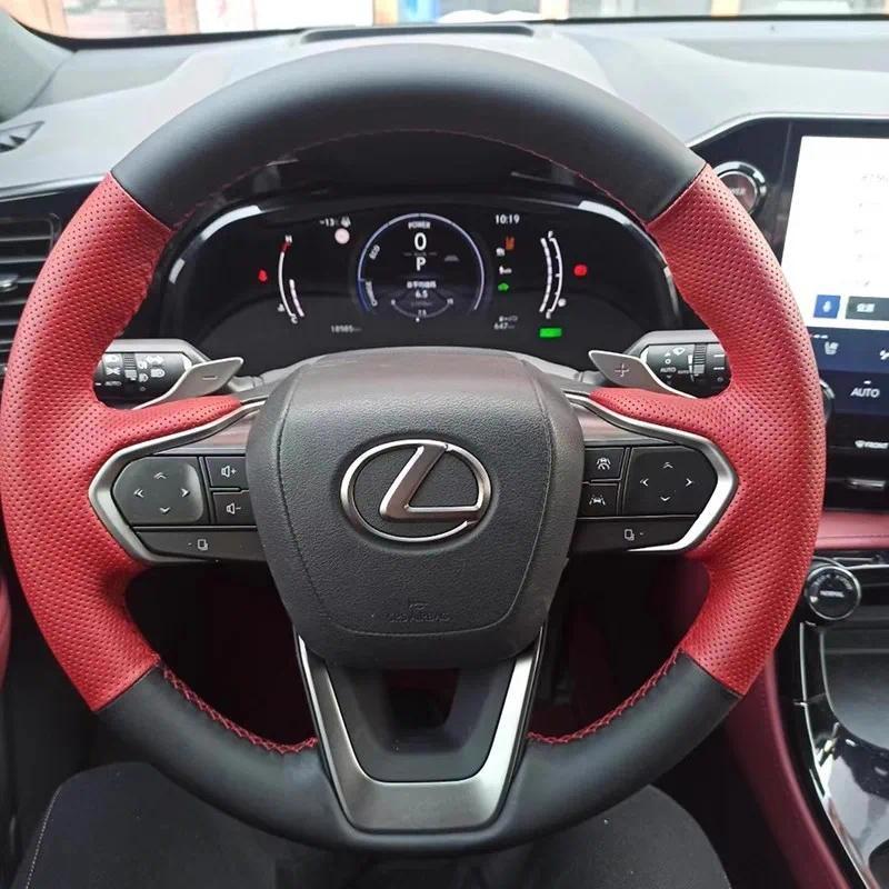 มือเย็บสีดําสีแดงหนังแท้พวงมาลัยรถสําหรับ Lexus NX 250 NX260 NX350 NX350h NX450h + 2022 2023 อะไหล่ร