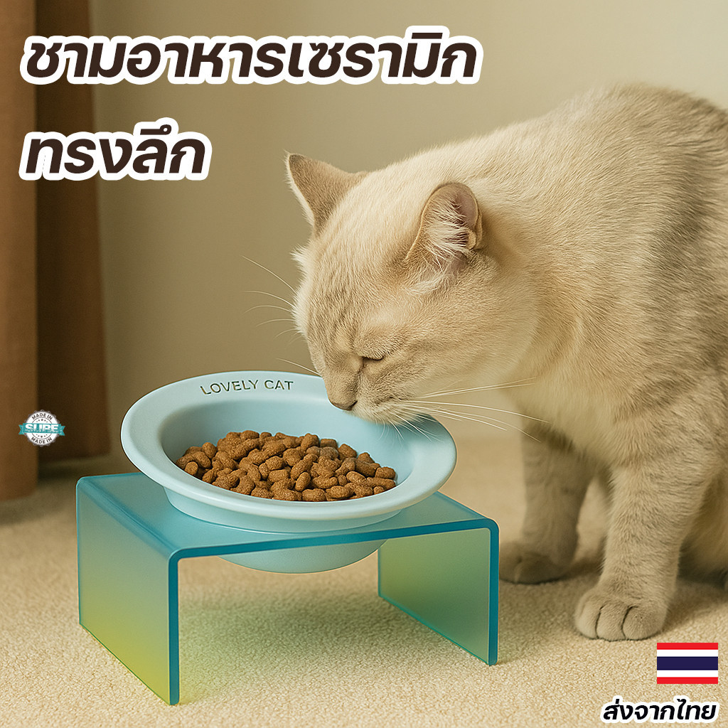 ชามข้าวแมวเซรามิคฐานเอียง ป้องกันอาเจียน สีพาสเทลสวยงาม แข็งแรงทนทาน