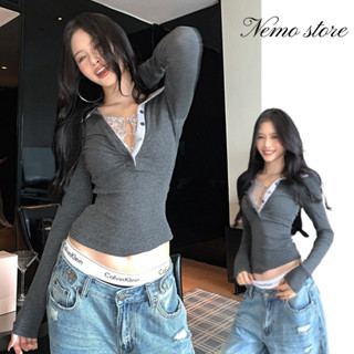 Nemo store🌸#FY2982 เสื้อแขนยาว คอปก สีเทาใส่ได้ทุกวัน ยืดพอด…