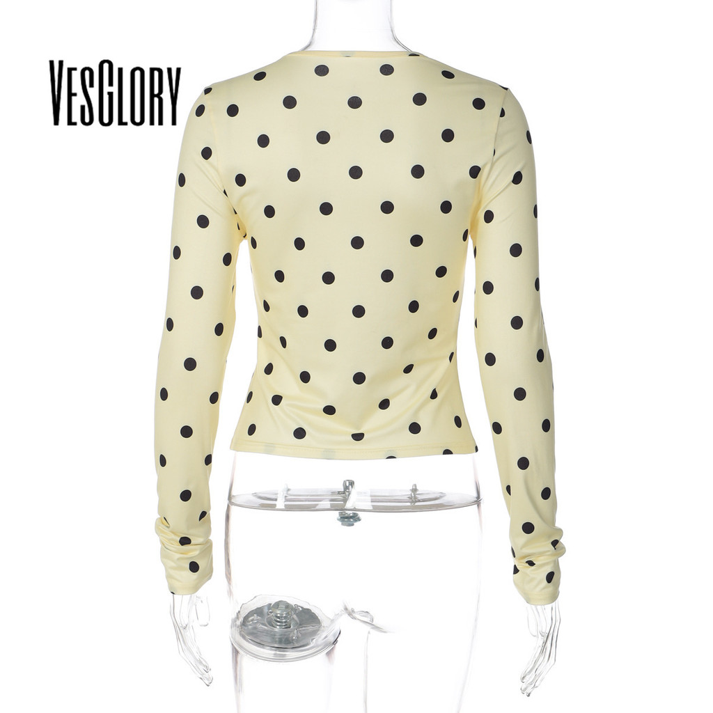 VesGlory เสื้อยาวทรงเรียบสำหรับผู้หญิงปี 2025 สีเหลืองและดำ ลายจุดโพลกา สวมใส่ง่ายสไตล์สตรีทแวร์ — صورة 6
