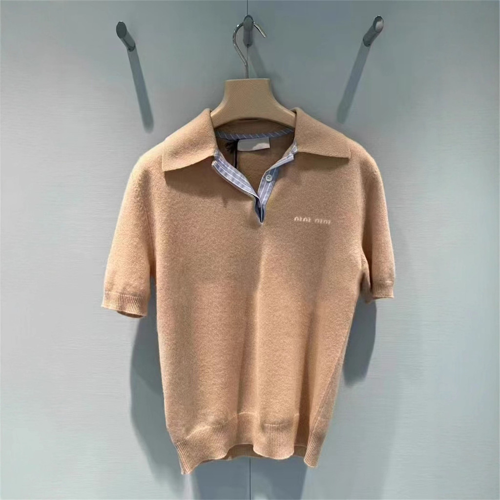 U7UP M1u*mm 25Autumn and Winter New Letter Logo Embroidered Lapel Wool polo Short Sleeve Knit Top