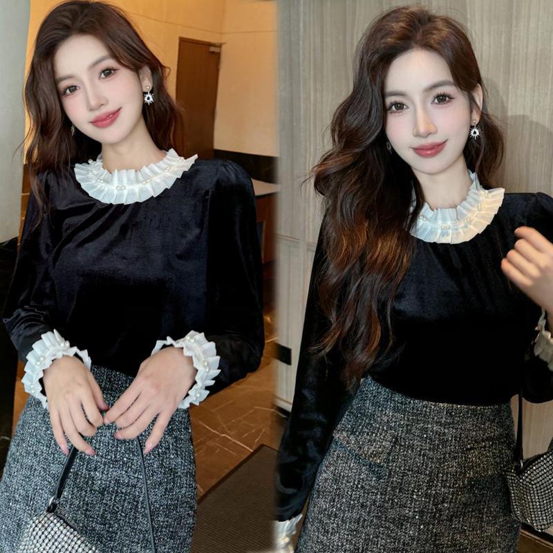 Poppy sunshine  เสื้อเชิ้ตซับในสีดำเย็บลูกปัดลูกไม้สไตล์เกาหลีแขนยาวคอกลม#W666