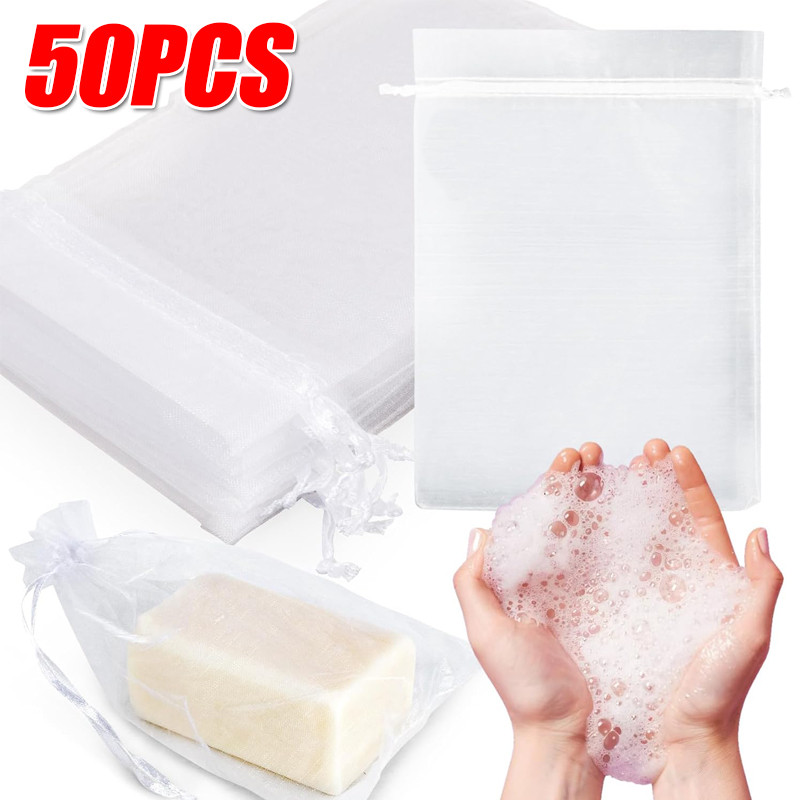 5-50 ชิ้นตาข่ายพลาสติกถุงสบู่/น้ํายาทําความสะอาดผิวหน้าถุงตาข่ายฟองขัดผิวด้วยเชือกรูด