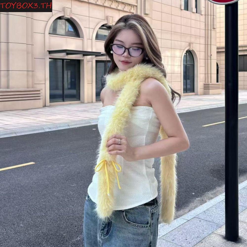TOYBOX Y2k ผ้าพันคอโบว์,สีทึบ Harajuku Bowknot Fur ผ้าพันคอ,แฟชั่นปุยหรูหราหวานผู้หญิงผ้าพันคอ Streetwear