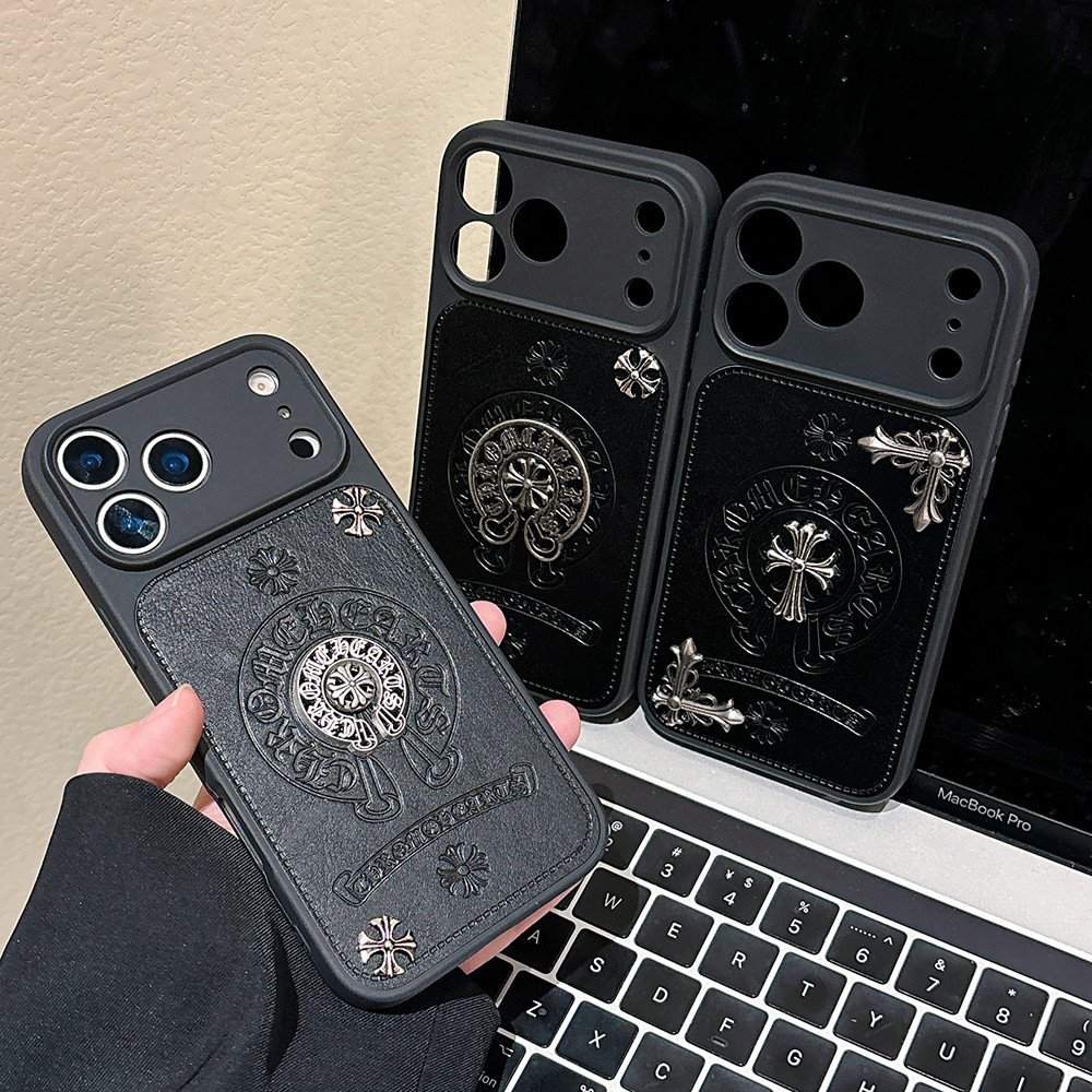 Fahion โลหะ Cross ตกแต่ง TPU หนังสําหรับ iPhone 17ProMax 16ProMax 15ProMax 14ProMax 13ProMax 12ProMax 11 สีดําฝาครอบโทรศัพท์ Anti Shock ป้องกัน