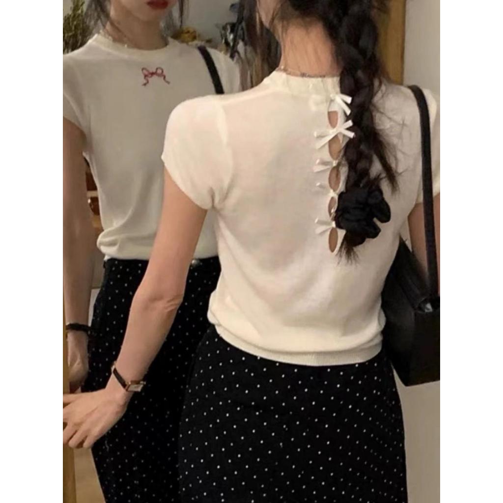 GaMin-0749 *มี 8สี* เสื้อไหมพรมแขนสั้น เสื้อแขนสั้นรุ่นใหม่ คอกลมปักโบว์เล็กแต่งโชว์หลัง (Y6512)