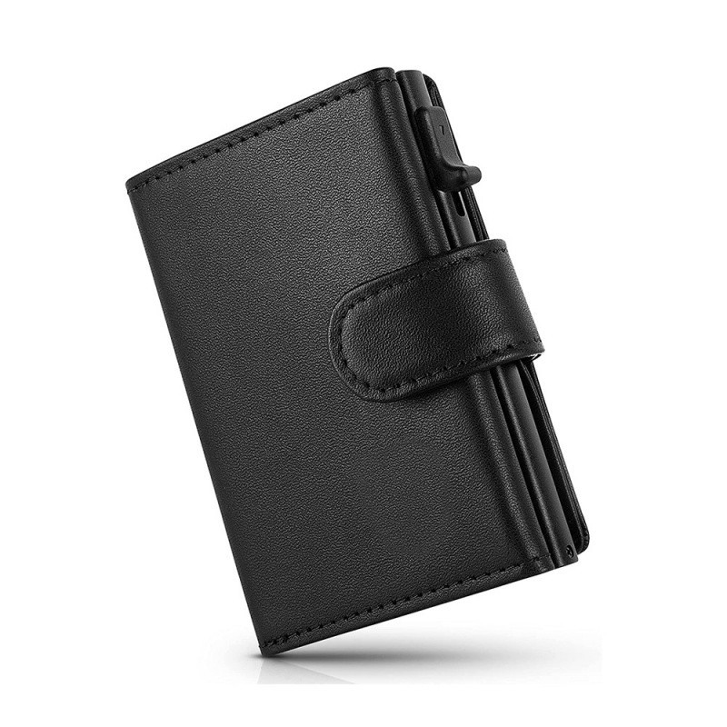 ของแท้หนังกระเป๋าสตางค์ด้านข้าง Push กล่องอลูมิเนียมผู้ถือบัตร RFID Anti-Magnetic Theft แปรงไมโครไฟเบอร์อลูมิเนียมซิปกระเป๋าเหรียญ