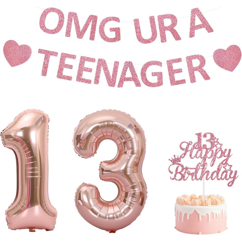 ตกแต่งวันเกิด 13th สําหรับหญิง,Rose Gold Glitter OMG UR A TEENAGER แบนเนอร์, Happy 13th Birthday เค้