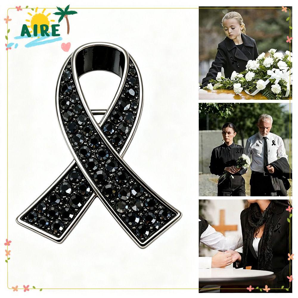 AIRE Memorial หมุดเข็มกลัดริบบิ้นสีดำตกแต่งคริสตัล Rhinestones สำหรับงานไว้อาลัย