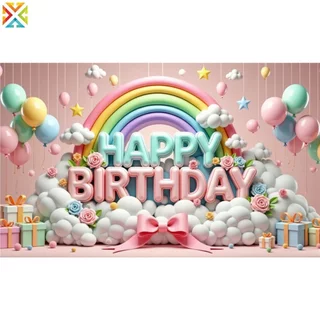สุขสันต์วันเกิดพื้นหลังแบนเนอร์บอลลูนที่มีสีสันสายรุ้งเมฆเด็กเด็กงานเลี้ยงวันเกิดตกแต่งพื้นหลังผนังฉลองอุปกรณ์ถ่ายภาพ