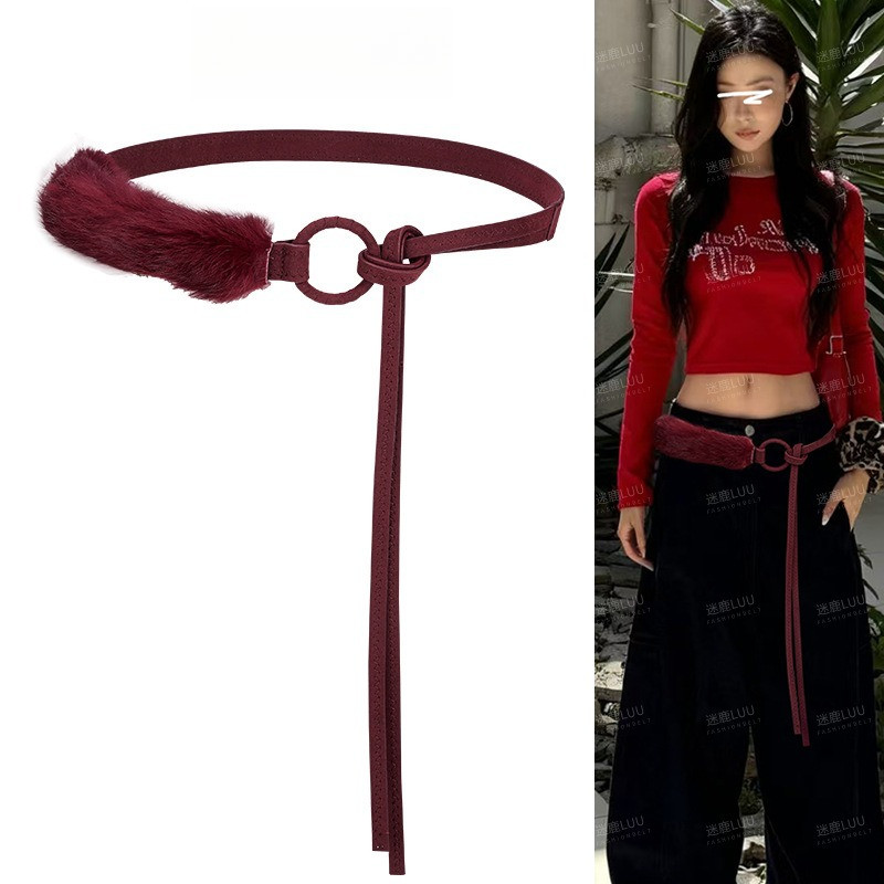 เข็มขัดสีแดงขนยาวสำหรับกางเกงยีนส์และกระโปรง - รูปที่ 2