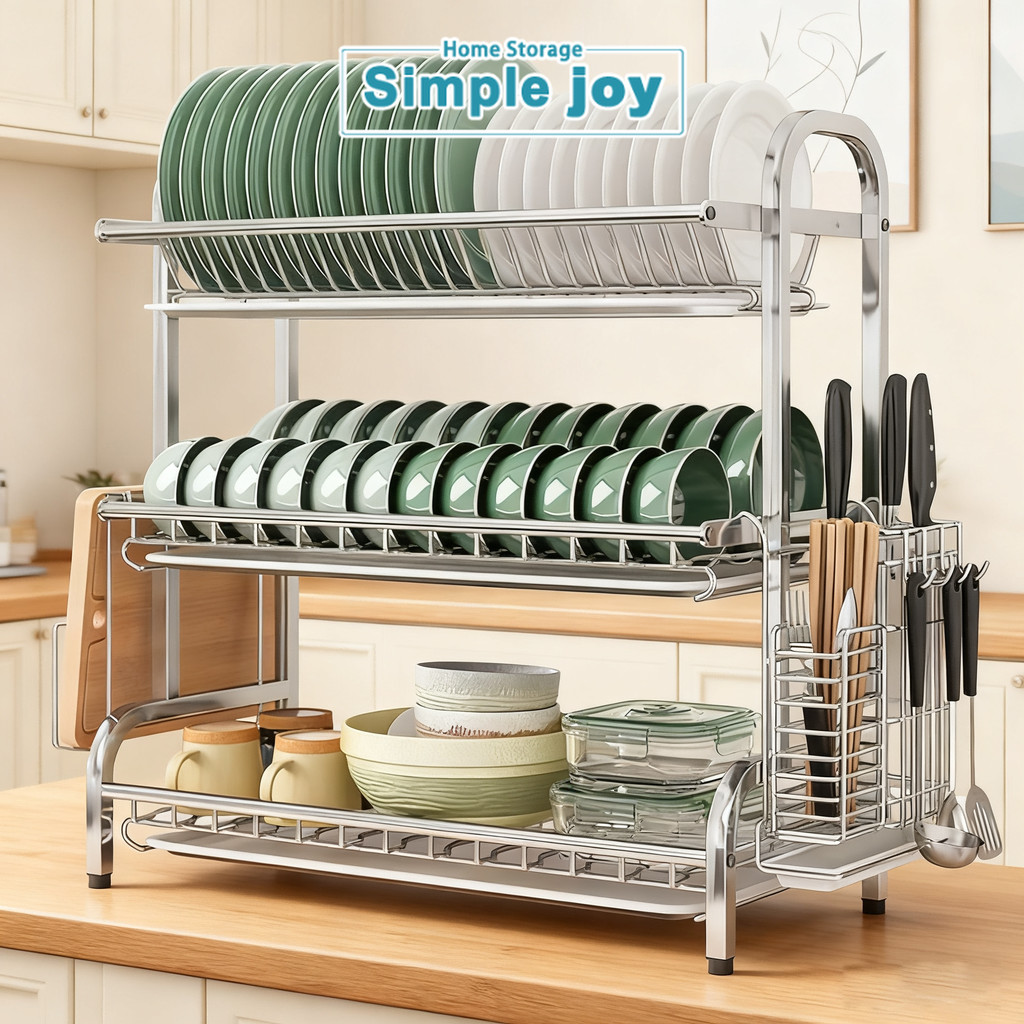 SimpleJoy 56 ซม ชั้นวางจานสแตนเลส พร้อมถาดน้ำ แบบมัลติฟังก์ชั่น สำหรับคว่ำจานและจัดเก็บห้องครัว