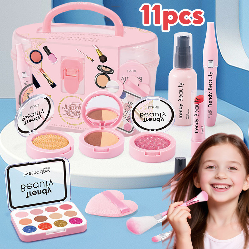 NEW แต่งหน้าเด็ก ของเล่นแต่งหน้า 11pcs เครื่องสำอางสำหรับเด็ก ปลอดภัยและปลอดสารพิษ พร้อมกล่องเก็บของ