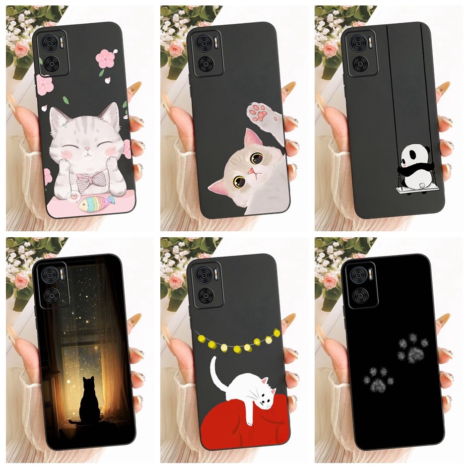ปลอกใหม่สําหรับ Motorola Moto E22 E22i E22s กรณีแมวน่ารัก Panda ซิลิโคนนุ่มสีดําสําหรับ MotoE22 E 22