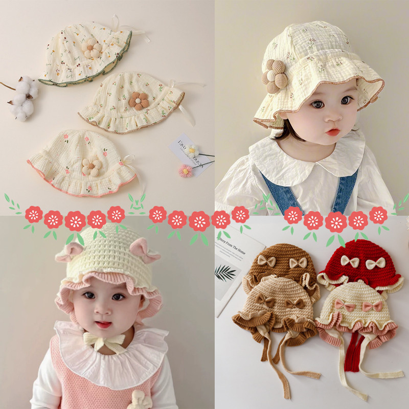 หมวกเด็ก ปรับได้ รูปแบบน่ารัก การออกแบบโบว์ มีดอกไม้เล็ก เก็บความอบอุ่นและป้องกันลม