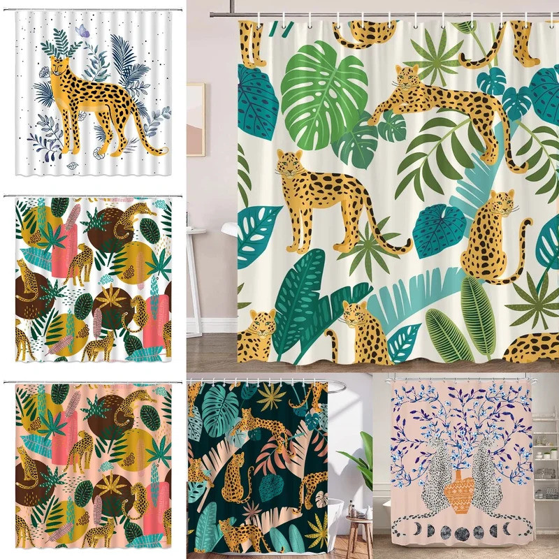 Boho Cheetah Shower Curtain,Tropical Leopard Wildlife Bath Curtain,Modern Pink Aesthetic Moon Phase 