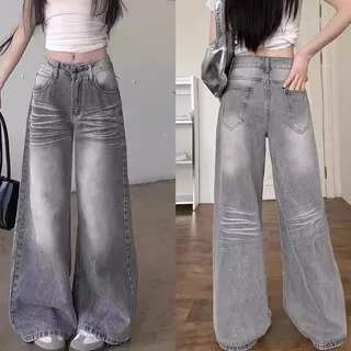 K JEANS กางเกงยีนส์สาวอวบ Baggy สีเทาแต่งเฟส ไซต์ 2XL-6XL เอว34-42 ความยาว40-42นิ้ว