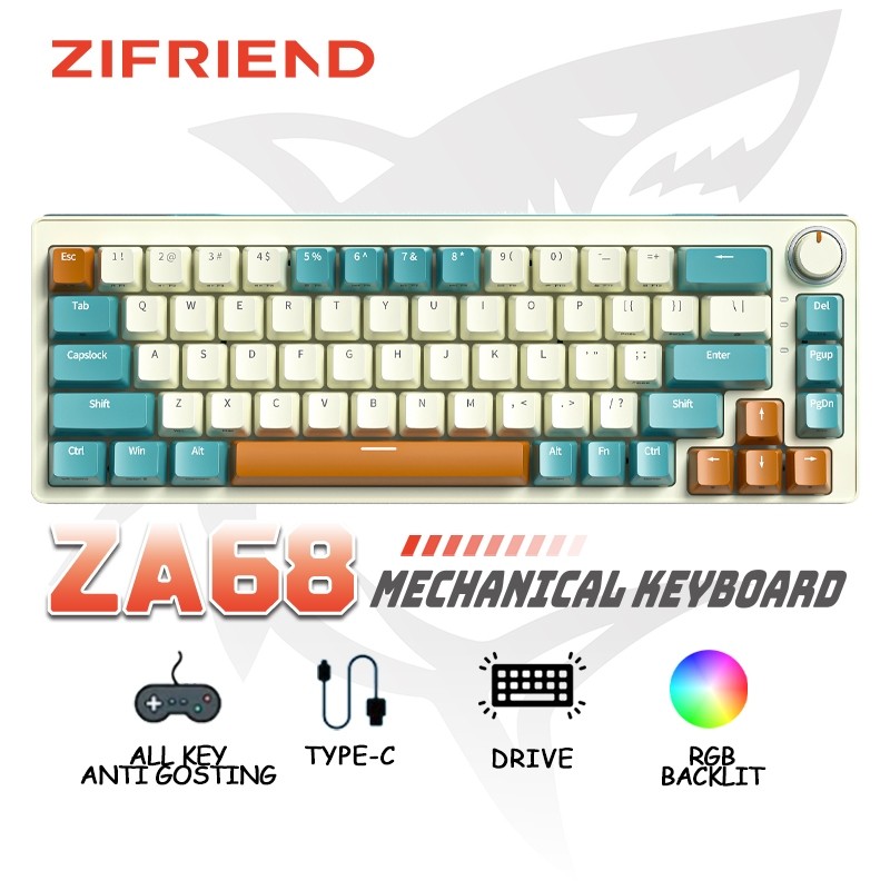 ZIFRIEND ZA68 Mechanical Gaming Keyboard 3 Modes 5pin Hotswap Rgb Backlit Wired Wireless Keyboard
