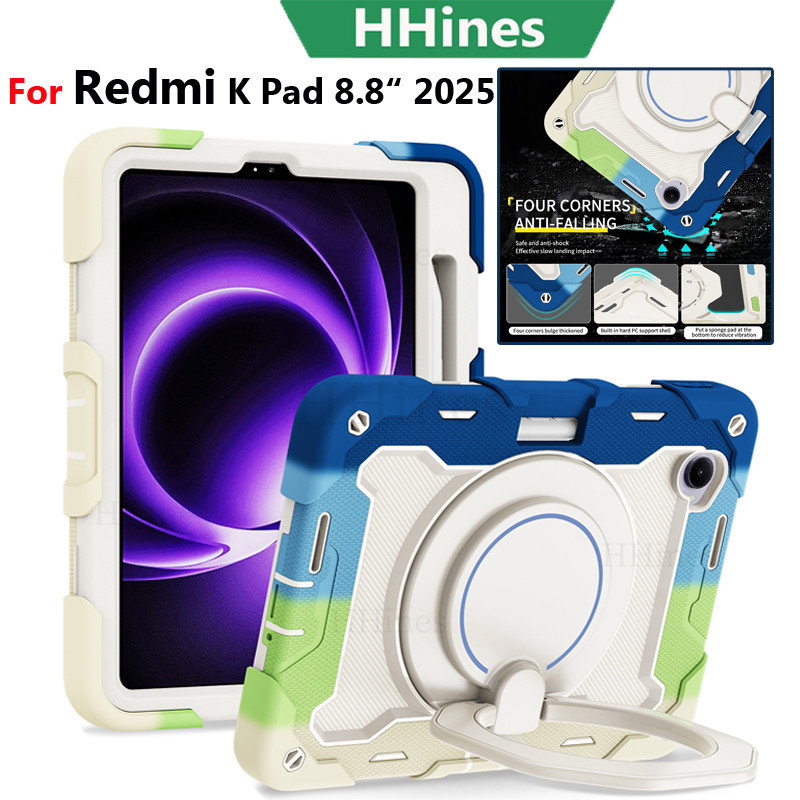 HHines สําหรับ Xiaomi Pad Mini 2025 8.8 "Mi K Pad 8.8 นิ้วสําหรับ Xiaomi Redmi Pad SE 8.7" 2024 แท็บเล็ต 360° การหมุนยืนเกราะซิลิโคนนุ่มขาตั้งแบบพกพา ฮันลเด ปลอก