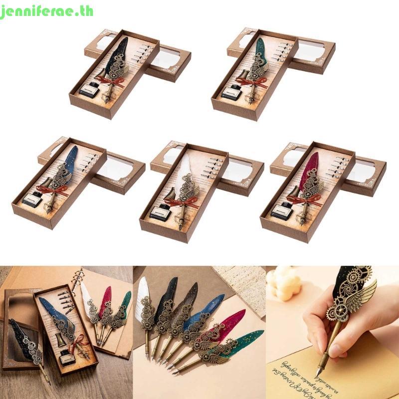 Jenniferae โบราณ Quill Dip Pen Quill Feather ปากกาและหมึกชุดการประดิษฐ์ตัวอักษรปากกาเขียน
