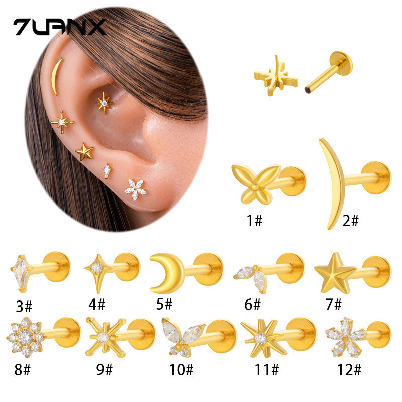 1 ชิ้น/เดี่ยว G23 ไทเทเนียมภายในด้าย Moon Star Labret Lip Stud หูกระดูกอ่อน Helix Lobe Pinna เจาะเครื่องประดับ