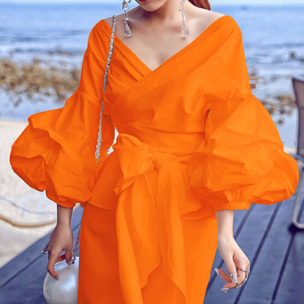 C8620 ผู้หญิงแฟชั่นสีทึบ Cross-Strap พัฟ C8620 ผู้หญิงแฟชั่นสายสีส้มสะโพกสะโพก Anti Sleeve เสื้อ Top