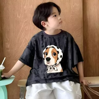 MooDeng Baby เสื้อสวมหัว ลายสุนัขใส่ผ้าคลุมหัว ดีไซน์ขาดมีรู ลายการ์ตูน สำหรับเด็กชาย ผ้าโพลีเอสเตอร์ แขนสั้น ลายคมชัด