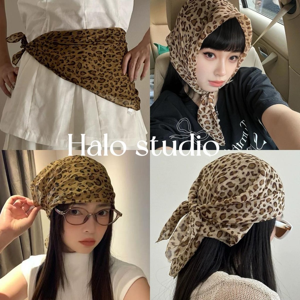 Halo studio พร้อมส่ง🔥 Y2k INS ลูกไม้สามเหลี่ยม Headscarf ผ้าพันคอแฟชั่นวินเทจลายเสือดาว สไตล์หวานและเท่