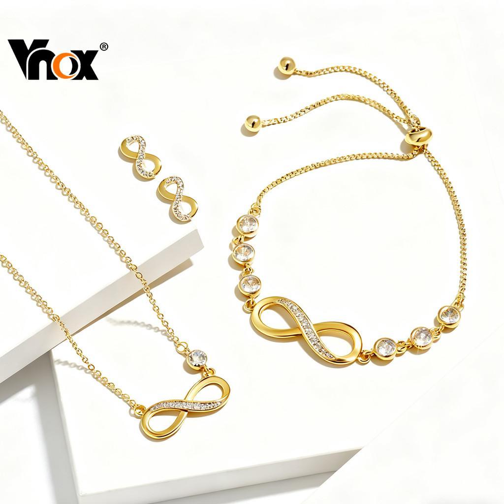 Vnox 24K Gold Three-piece Necklace Bracelet Earrings Jewelry Set，Infinity Symbol Zircon Cubic Jewelr