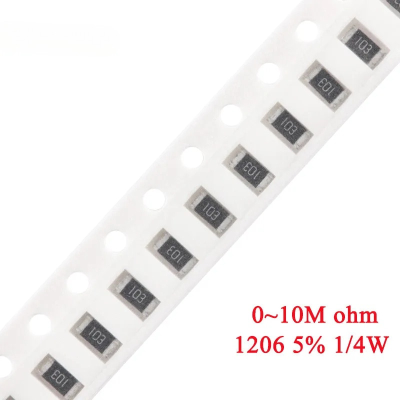 100pcs 1206 ตัวต้านทาน SMD 5% 1/4W 0R ~ 10M 0.01 0.3 0.47 0.91 1.5 5.1 9.1 10 30 47 56 68 100 820R 1