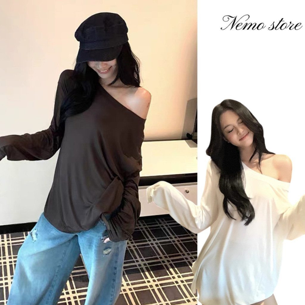 Nemo store🌸#FY5039#1 เสื้อแขนยาวเปิดไหล่ สีพท้น ผ้านุ่นมิ่มบางเบา น่ารักๆ