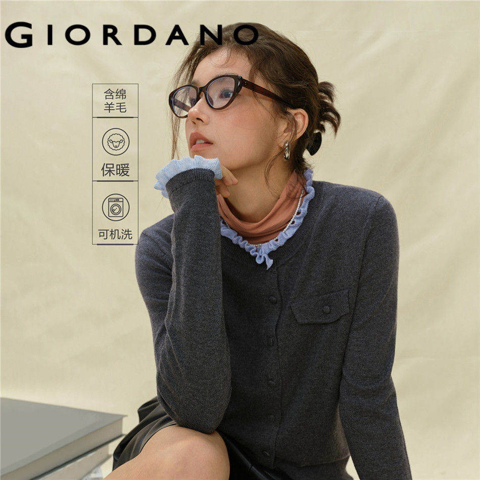 GIORDANO WOMEN Knitted Cardigan with Crew Neck, Contrast Color & Ruffled Edges 18355931