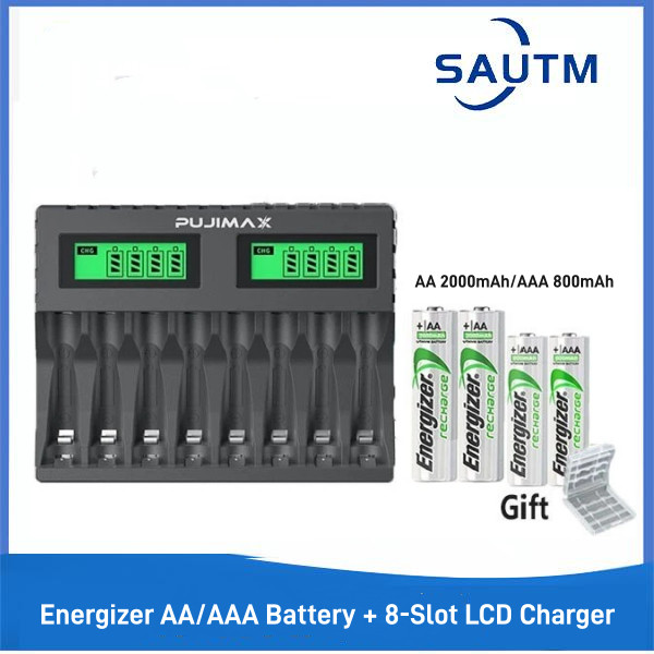 Energizer 1.2V AA 2000mAh/AAA 800mAh แบตเตอรี่แบบชาร์จไฟ NI-MH + เครื่องชาร์จ 8 ช่องจอแสดงผล LED Ni-MH/Ni-Cd USB Charger