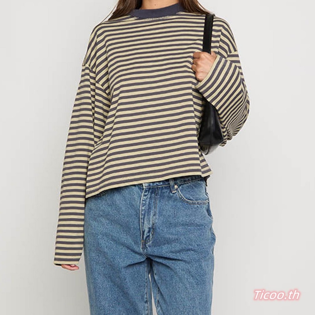 ผู้หญิงแขนยาวคอลูกเรือเสื้อหลวมสุภาพสตรีฤดูใบไม้ร่วงสบายๆลายด้านบน สตรีทแวร์
