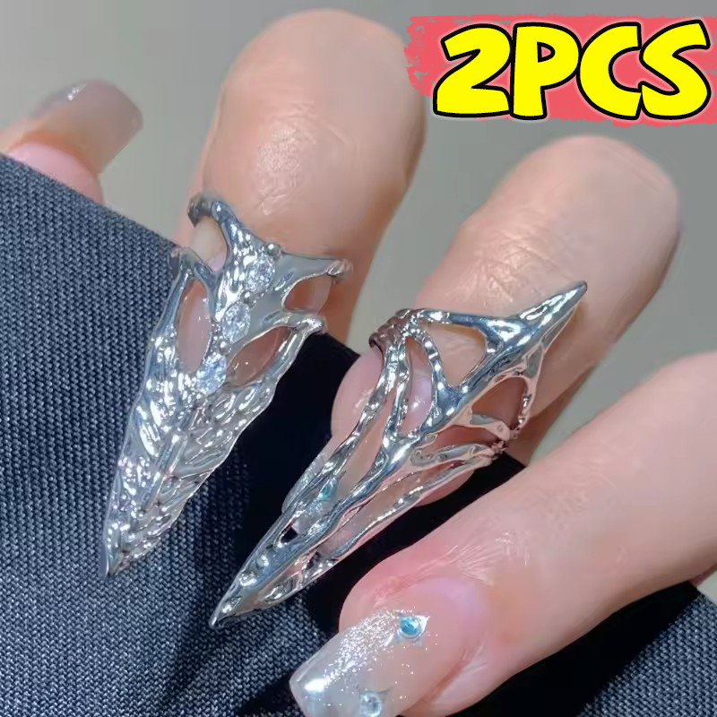 Retro Y2K Rhinestone Nail Cover Ring พังค์ทรงกระดูก สำหรับประดับปลายนิ้ว
