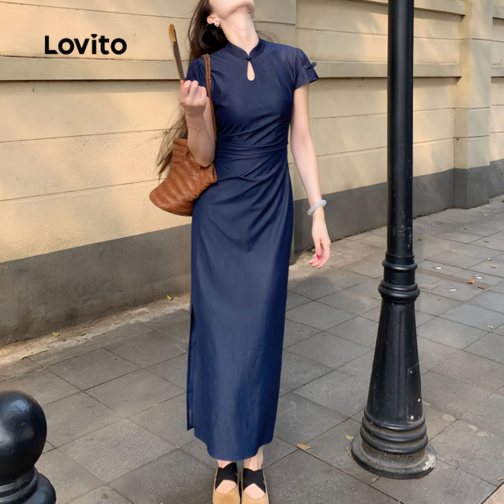 Lovito ชุดเดรสผู้หญิง สีฟ้า สไตล์จีน ทรงเข้ารูป จีบข้าง ฤดูใบไม้ผลิ ฤดูร้อน L159AD140 - รูปที่ 2