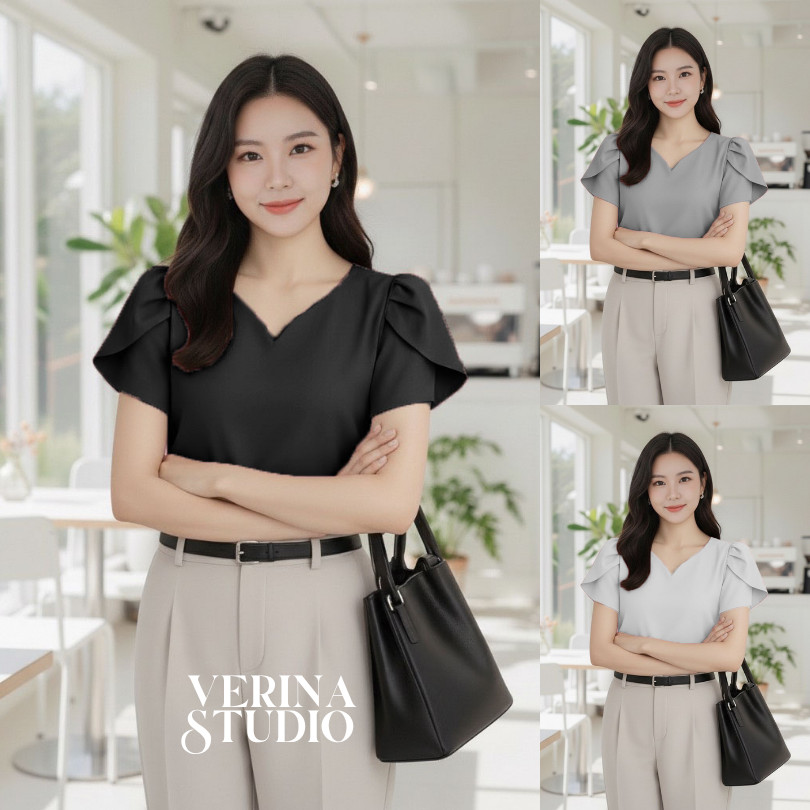 B06 รุ่นแขนสั้นกลีบบัว เสื้อทำงาน ออกงาน คอวีโค้งมล เสื้อทำงานสาวออฟฟิศ เสื้อตัวปล่อยสวยใส่สบาย