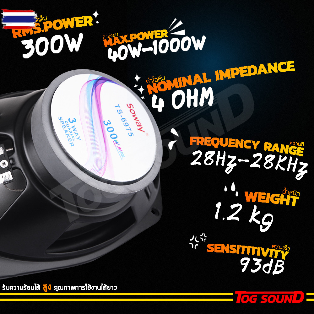 TOG SOUND ลำโพงติดรถยนต์ 6x9 นิ้ว 3WAY 300วัตต์ SOWAY TS-6975 ลำโพง 6x9 นิ้ว ลำโพงรถยนต์ 6x9 ลำโพงแก