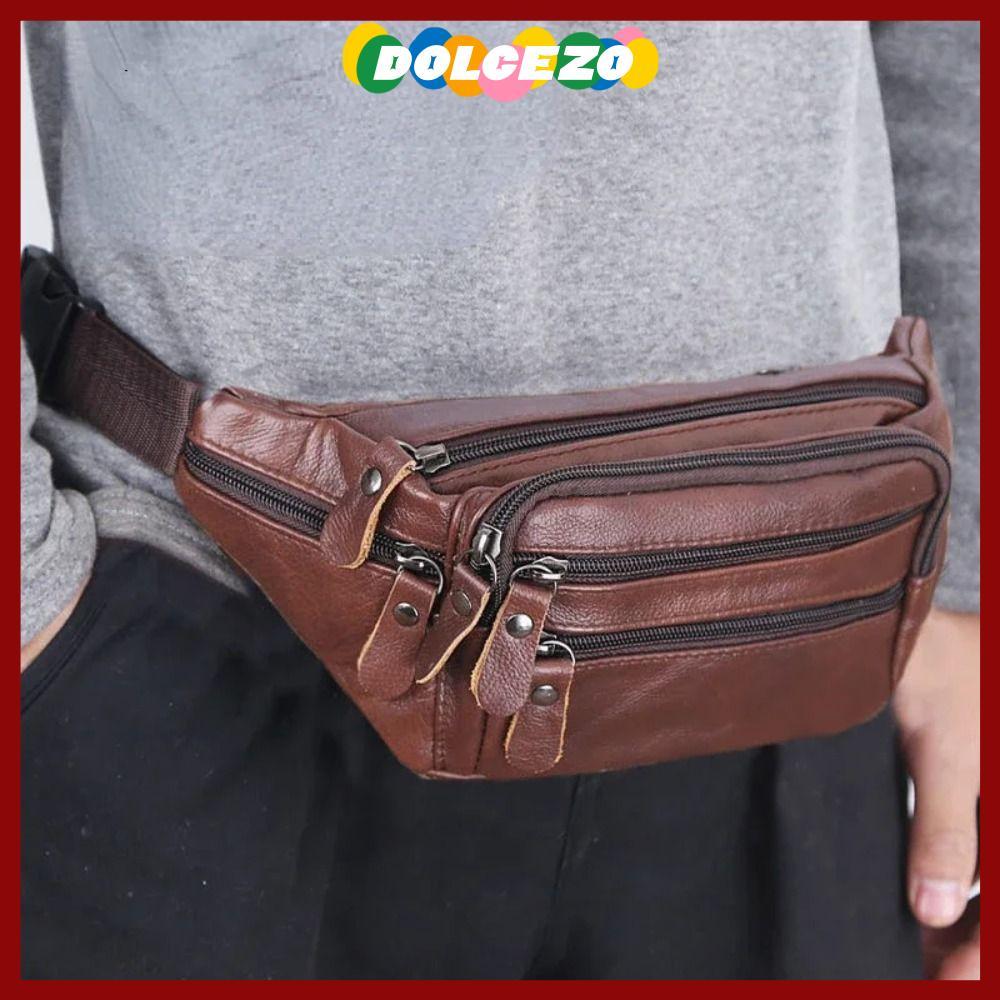จัดส่งจากประเทศไทยDOLCEZO Travel Phone Bag, PU Leather Multi-layered Mens กระเป๋าคาดเอว, กระเป๋าคาดเอวกันน้ําซิปความจุขนาดใหญ่แพ็ค