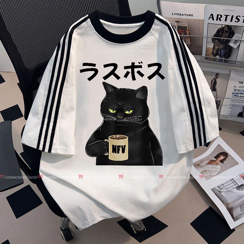 【พร้อมส่ง】🔥BCKR ลายสามแถบ ลายน้องแมวกาแฟ คอกลม เสื้อ😾oversize ผ้านุ่มสบาย เสื้อผญ เสื่อยืดYG1184